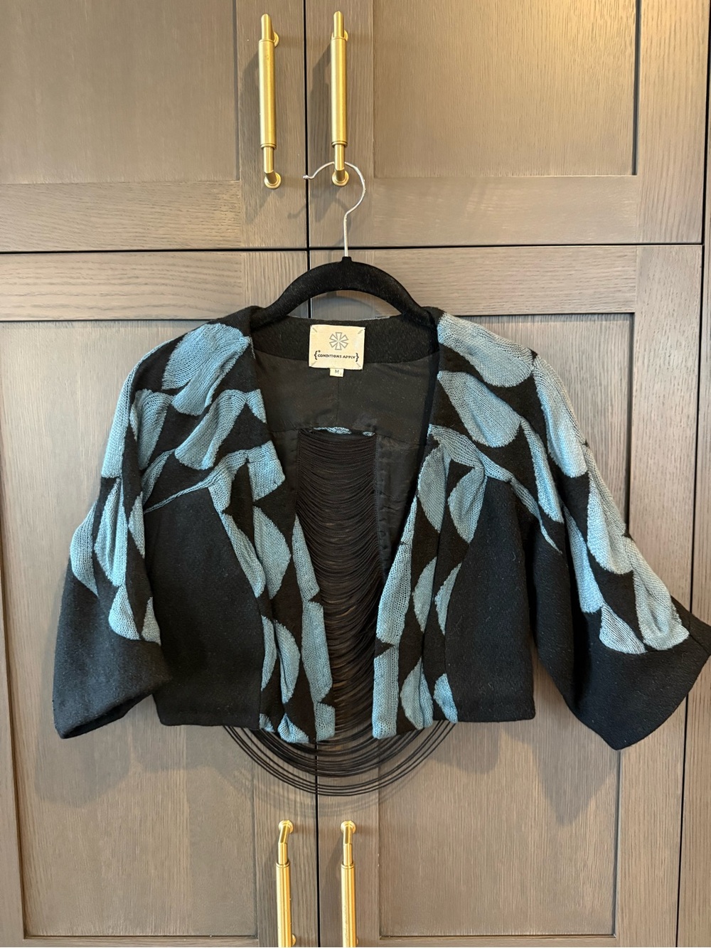 Cropped Black & Grey Blue Patterned Women's Jacket w String Detail